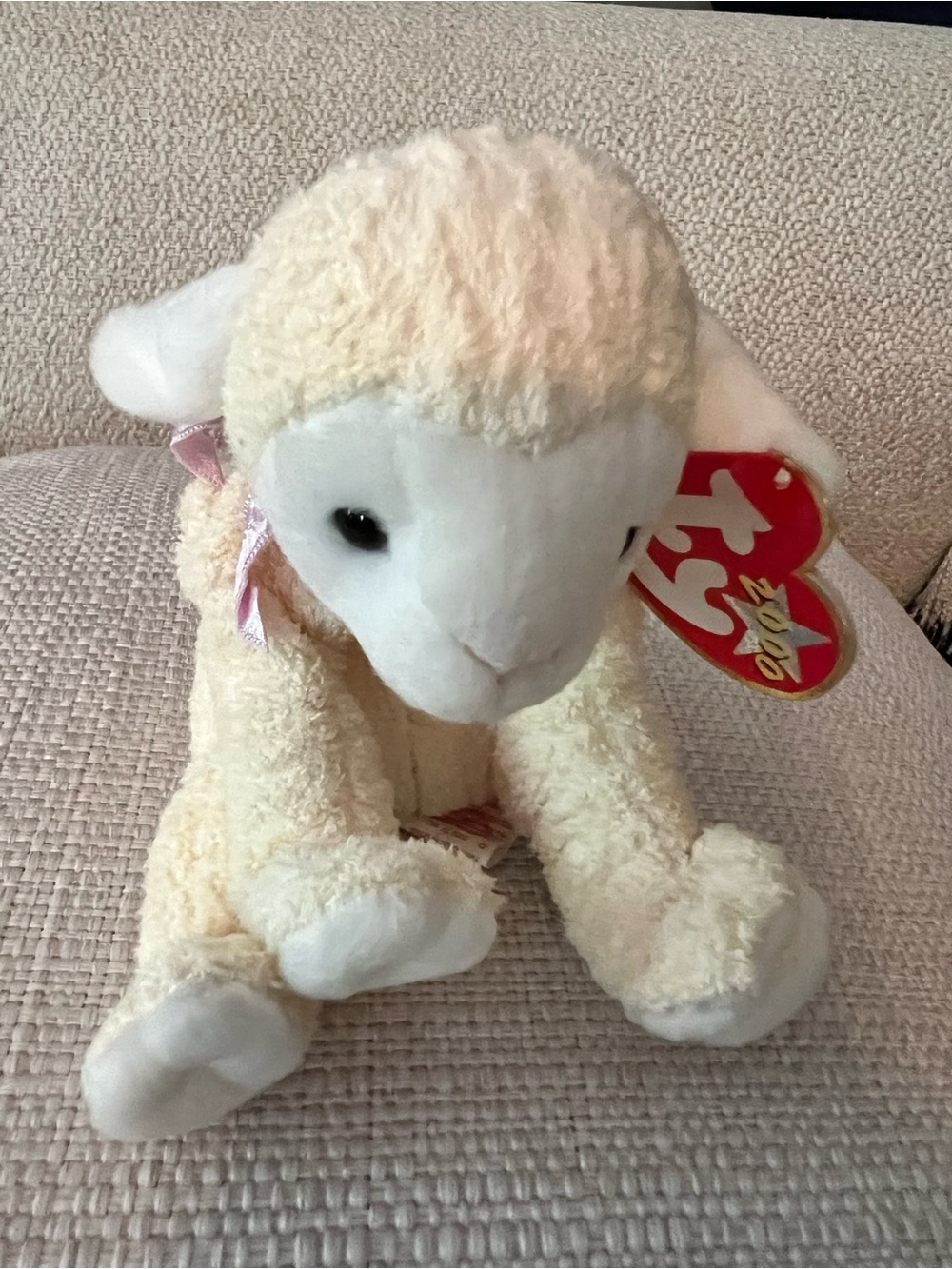 TY Cream Lamb Plush with Pink Ribbon and Red Heart Tag